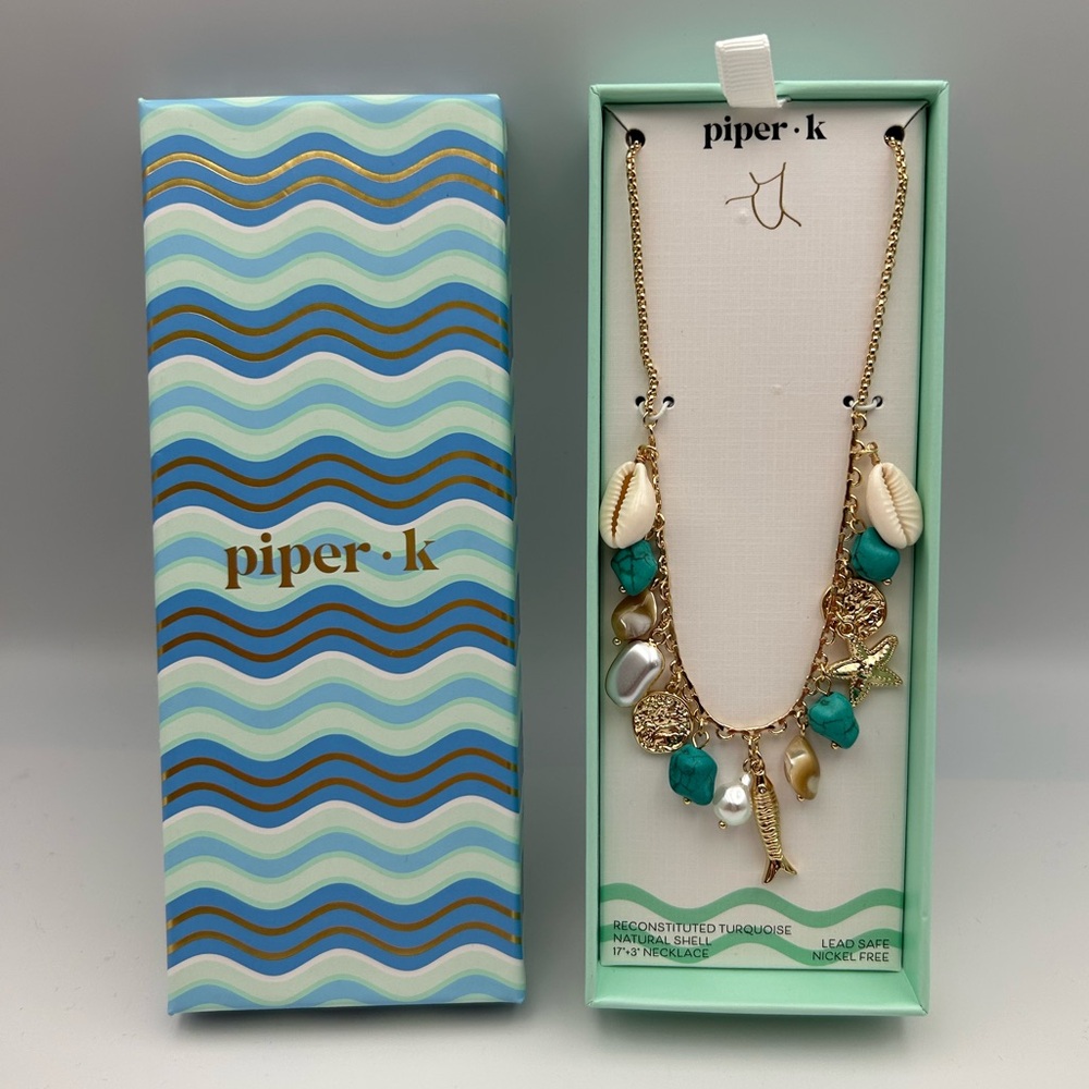 *New* Piper K Reconstituted Turquoise & Natural Shell Gold Toned Charm Necklace